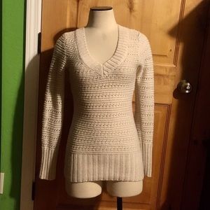 LUCKY BRAND Cream Crochet Gold Knit V Neck Pullover Sweater $99 EUC XS
